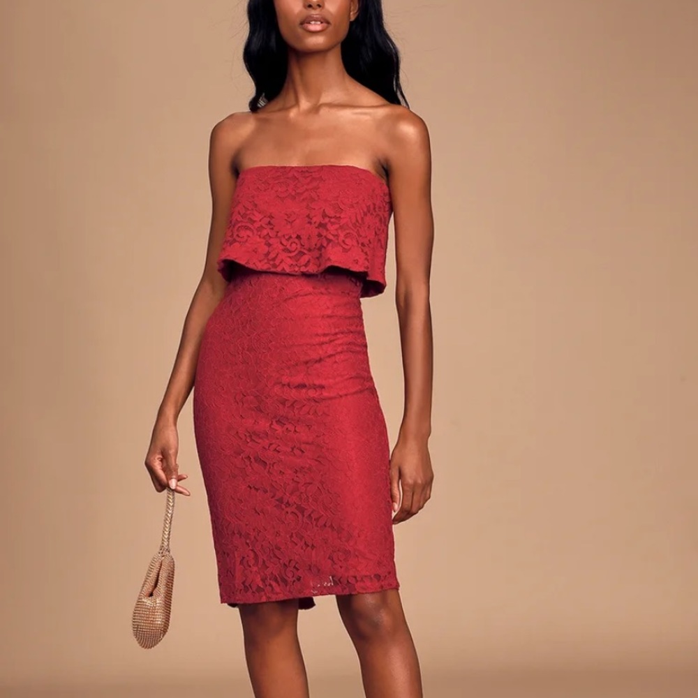 Lulus Let's Go Out Tonight Wine Red Lace Strapless Bodycon Midi Dress